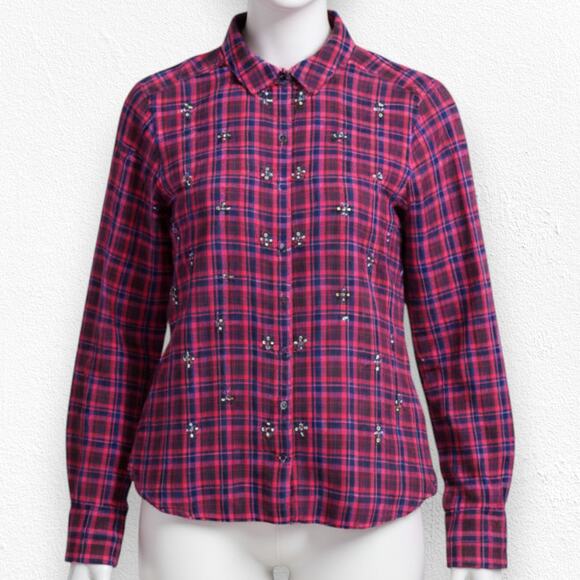 Halogen Embellished Plaid Button Down Shirt Red Jewel Detail Flannel Size Medium - Picture 1 of 12